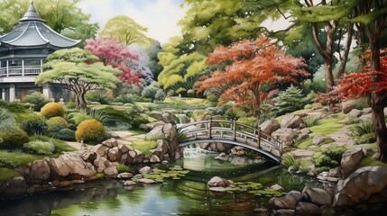 Fototapeta na wymiar watercolor painting of Japanese garden with pond bridge and traditional temple