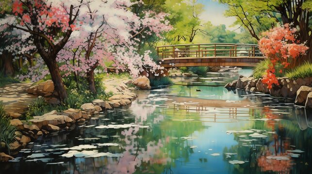watercolor painting of Japanese garden with pond bridge and traditional temple