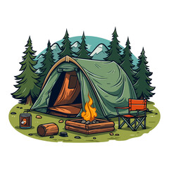camping equipment at forest cartoon illustration