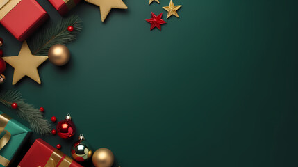 Christmas Eve concept. Top view photo of gift boxes with ribbon bows green red baubles gold star ornaments and pine branches on isolated green background with copyspace in the middle,Christmas backgro