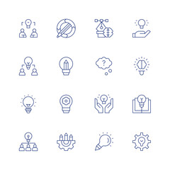 Creativity line icon set on transparent background with editable stroke. Containing idea, lightbulb, book, gear, design, doubts, project, creativity, brainstorm, coworking.