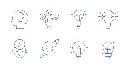 Creativity icons. Editable stroke. Containing brainstorming, intelligence, creativity, creative, idea, creative brain, light bulb.