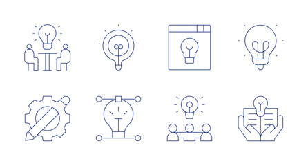 Creativity icons. Editable stroke. Containing idea, knowledge, promotion, group, light bulb, creativity, brainstorming, creative process.