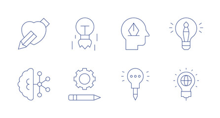 Creativity icons. Editable stroke. Containing idea, light bulb, design thinking, creativity, creative process, artificial intelligence.