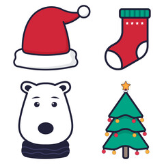 Set of Christmas and New Year icons in flat style. Santa Claus hat, polar bear, christmas tree, sock. Vector illustration