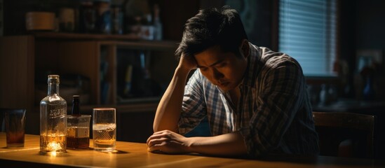 Lone Asian man drinking heavily, feeling depressed at home, single.