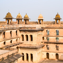 Beautiful view of Orchha Palace Fort, Raja Mahal and chaturbhuj temple from jahangir mahal, Orchha, Madhya Pradesh, Jahangir Mahal (Orchha Fort) in Orchha, Madhya Pradesh, Indian archaeological sites