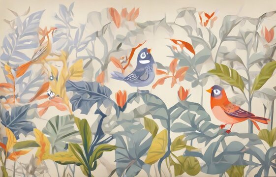 tropical leaves pattern colorful wallpaper with butterflies and birds with a old texture background