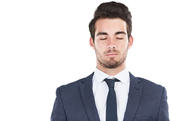 Businessman, eyes closed and mindfulness for peace with relax wellness, career and emotional intelligence. Young person, entrepreneur and zen to think and break isolated on transparent png background