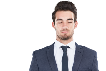 Businessman, eyes closed and mindfulness for peace with relax wellness, career and emotional intelligence. Young person, entrepreneur and zen to think and break isolated on transparent png background