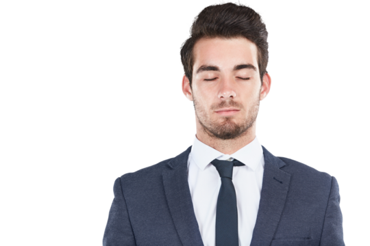 Businessman, eyes closed and mindfulness for peace with relax wellness, career and emotional intelligence. Young person, entrepreneur and zen to think and break isolated on transparent png background - Powered by Adobe