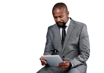 Businessman, tablet and scrolling or connection, networking and internet or digital technology. Black male person, web and info or plan, research and app or isolated on transparent png background
