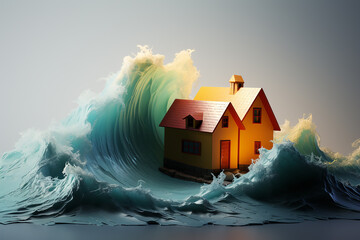 A tsunami wave and a house. A natural disaster.