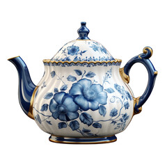 Blue and White Porcelain Teapot Isolated on Transparent or White Background, PNG