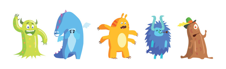 Funny Monster Character with Horn and Wing Vector Set