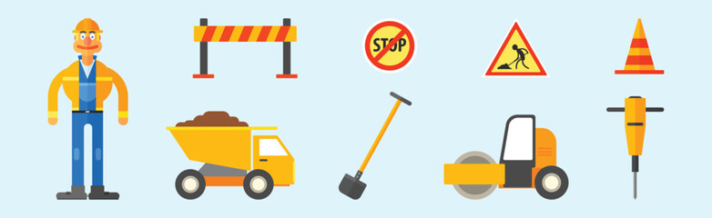 Road Work Flat Object with Man, Lorry, Shovel, Concrete Paver and Cone Vector Set