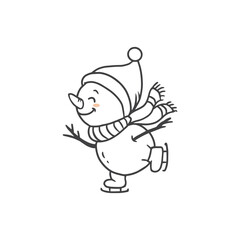 cute cartoon snowman is skating. Illustration in doodle style for christmas card. Vector illustration