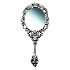 Silver Handheld Mirror Isolated on Transparent or White Background, PNG