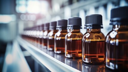 Medical bottles close-up. Production of medicines in ampoules