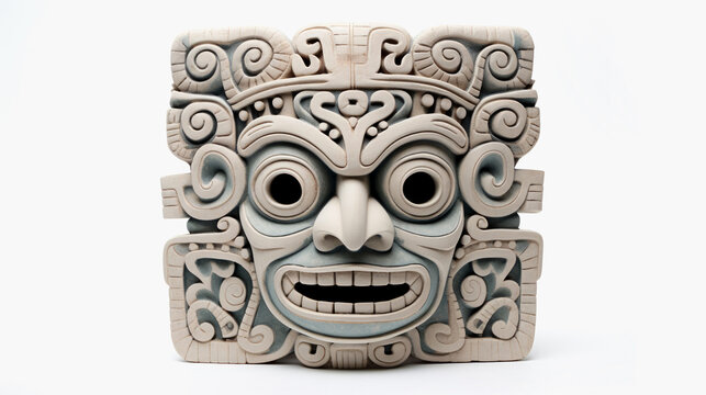 Ancient wooden Mayan mask on white background