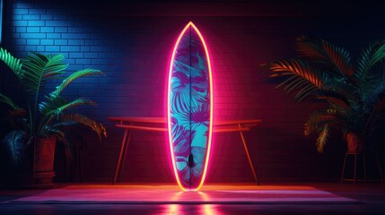 Colorful surfboard with neon light - obrazy, fototapety, plakaty