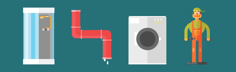 Plumbing Work Object and Equipment Icon Vector Set