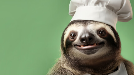 Funny sloth in a chef's hat on a green background with copyspace