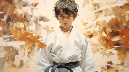 Boy in a white kimono and black belt on an abstract background - obrazy, fototapety, plakaty