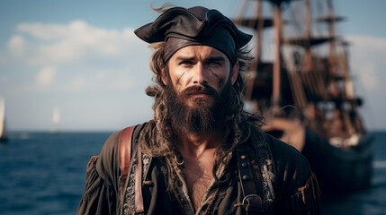 Fototapeta premium Male pirate on a ship against the backdrop of a calm sea