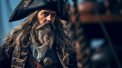 Male pirate on a ship against the backdrop of a calm sea