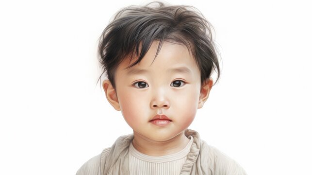 Asian toddler on light background with copy space