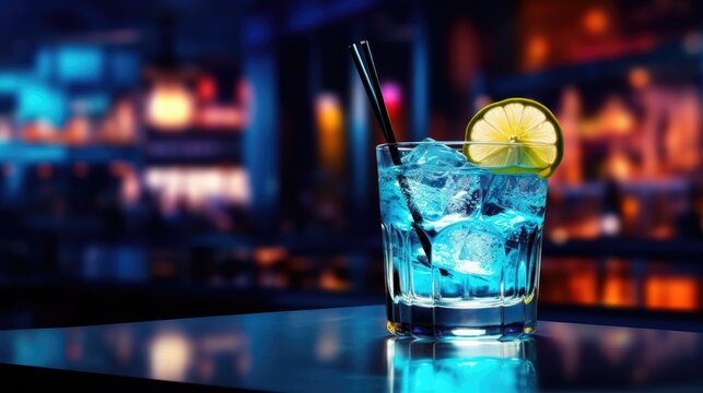 Alcoholic cocktail with ice and a slice of lime on the bar counter