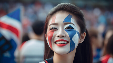 Happy Asian young girl with red, blue and white paint on her face at a sports stadium