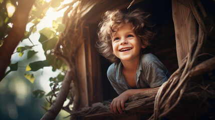 Happy kid sitting in children's treehouse in backyard