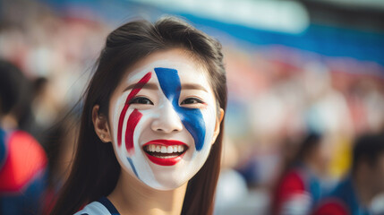 Happy Asian young girl with red, blue and white paint on her face at a sports stadium