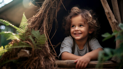 Happy kid sitting in children's treehouse in backyard