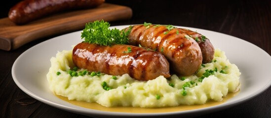 Savory sausage with mashed peas and onion in gravy.