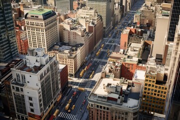 Aerial View of Downtown Buildings and Busy Streets. Looking Down at a Busy City Street. drone view...