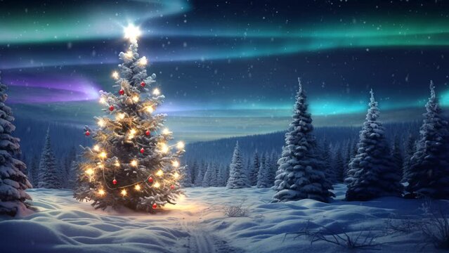magical sparkling glowing christmas tree in the snowy forest at night with animated aurora borealis, 4k loop