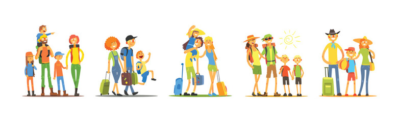 Happy Family on Summer Vacation with Kids and Suitcase Vector Set
