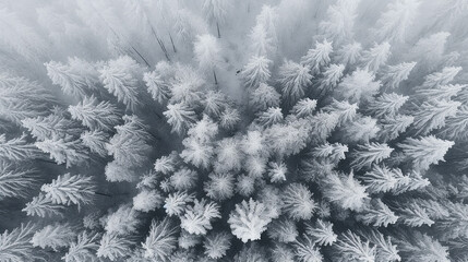 drone photo of snow covered evergreen trees after a winter blizzard in Lithuania