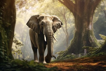 Fototapeta premium Wild elephant in the beautiful forest. A herd of wild elephants walk through the nature park. Image of big animal.