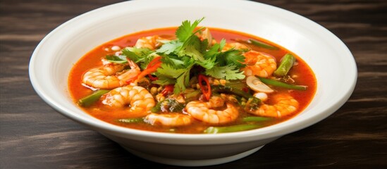 Spicy vegetable soup with shrimp in a white bowl. Traditional Thai healthy menu.
