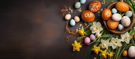 Top view of traditional Czech sweet Easter pastry and spring flowers alongside Easter eggs dyed with onion peels.