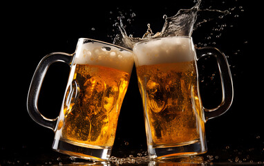 Two glasses of beer in cheers gesture, splashing out. Isolated on black background. - Powered by Adobe