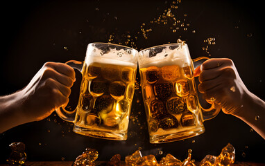 Two glasses of beer in cheers gesture, splashing out. Isolated on black background. - 685993556