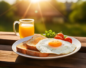 Fototapeta premium Fried Egg on bread and a glass of orange juice for Breakfast. Fried egg with bread on plate over wooden table, top view, copy space.