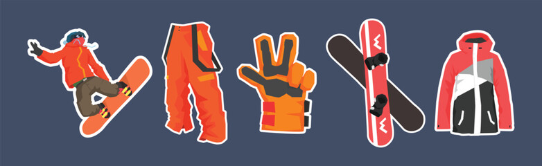 Snowboarding Sticker as Extreme Mountain Sport Vector Set