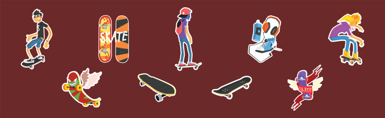 Skateboard Modern Colorful Sticker as Active Street Sport Vector Set