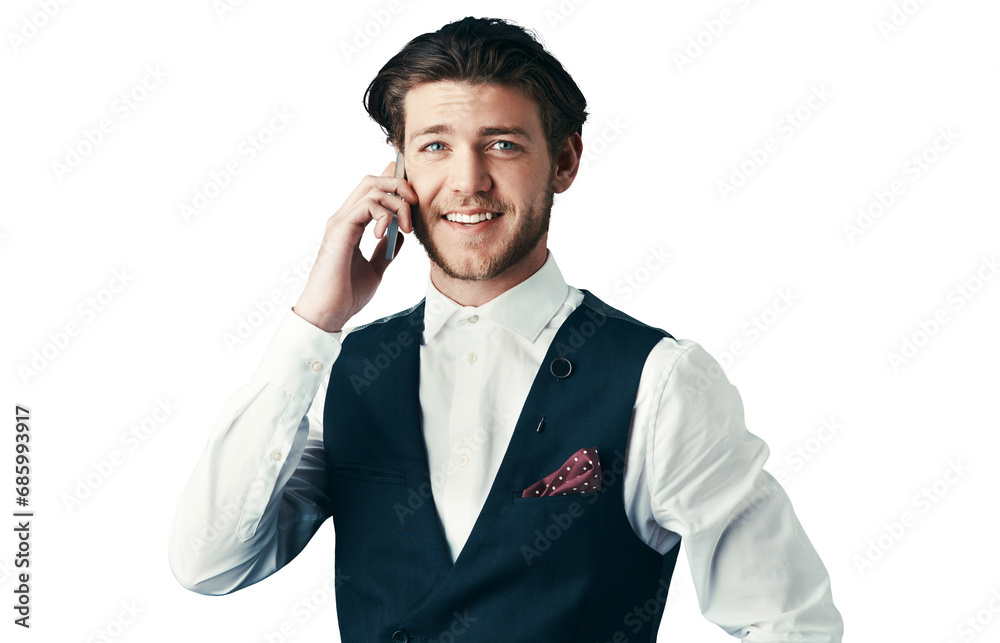 Poster business man, phone call and portrait for communication, networking and information on formal event.